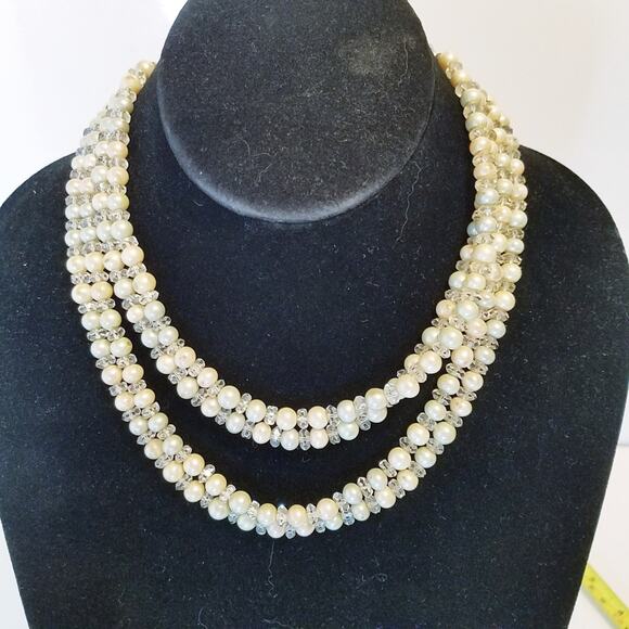 Vintage Pastel Green and Yellow Pearl with Crystals Two Lengths Necklace - Picture 1 of 6